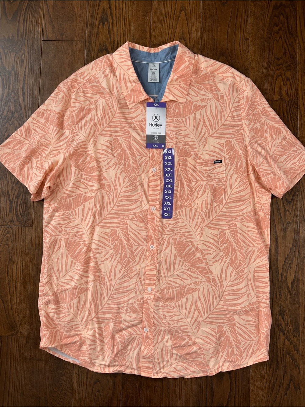 Hurley Men’s Peach Leaf Print Short Sleeve Button-Down Shirt Sz XXL NWT